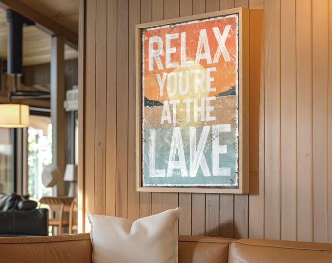 Typography Sign, White Relax You're At The Lake Wall Art, Burnt Orange Sunset Decor