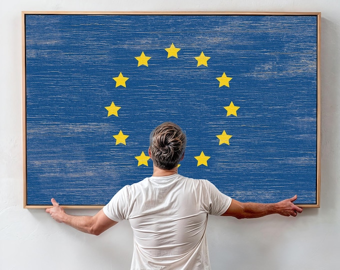 Vintage European Union Flag, Rustic EU Flag Poster, European Union Wall Art, Gift for Europeans, Faux Wood Look, European Union Wall Art