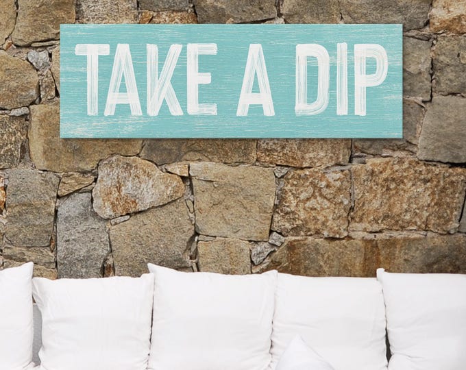 Vintage Aqua Blue Take A Dip Pool Sign, Faux Distressed Wood, White Patio Decor, Rustic Wall Plaque, Outdoor Poolside Gift, Weathered Style