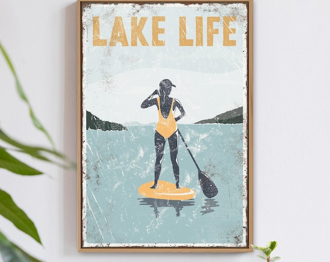 Lake Life Canvas Sign, Retro Paddleboarder, Yellow Accent (Multiple Sizes)