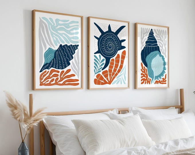 Modern Nautical Triptych Canvas Wall Art, Set of 3 Coastal Prints, Abstract Ocean Art, Blue & Orange Coral and Seashells • 328