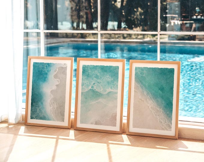 Turquoise Waves Art Triptych, Watercolor Shoreline Set of Three, Teal Beach House Decor