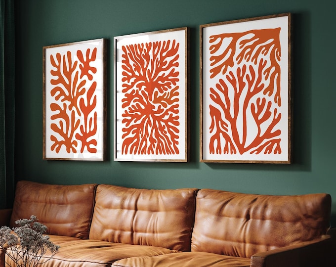 Vacation Home Decor, Coral Reef Triptych, Rust Terracotta Seaweed Panels, Coastal Gift