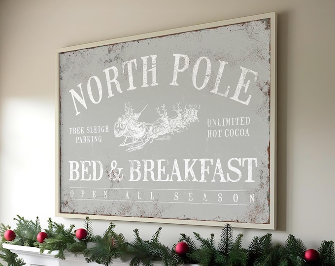 North Pole Christmas Wall Sign - Rustic Holiday Porch Decor