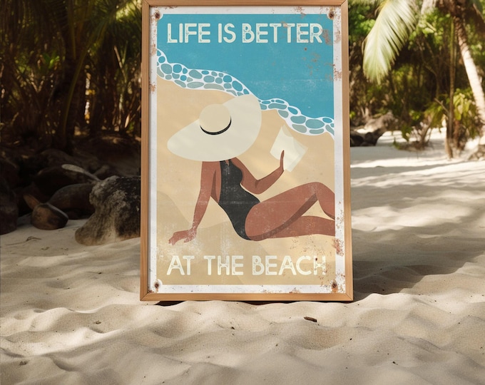 Vintage Beach Sign Canvas: Woman in Straw Hat, Coastal Wall Art