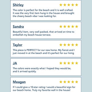 five reviews of a beach-themed item, each with a different rating and description. The reviews are organized in a grid format, with each review placed in a separate box. The reviews are written in a clear and concise style, focusing on the item's quality and appearance rather than providing detailed descriptions.