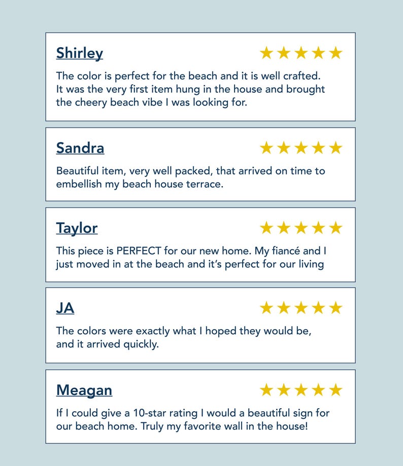 five reviews of a beach-themed item, each with a different rating and description. The reviews are organized in a grid format, with each review placed in a separate box. The reviews are written in a clear and concise style, focusing on the item's quality and appearance rather than providing detailed descriptions.