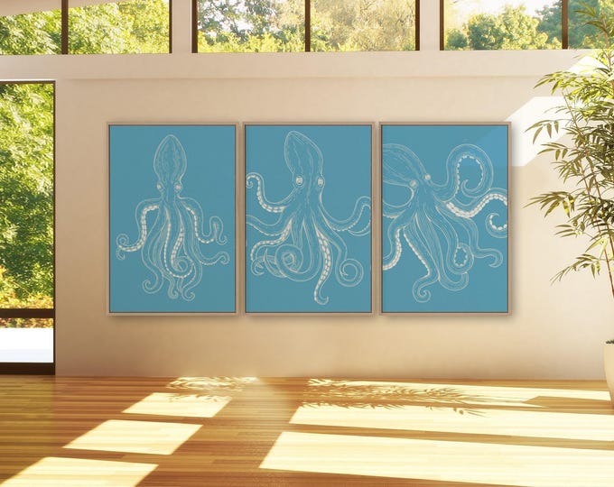 Wall Art Octopus Triptych, Three White Line Sea Creatures on Blue, Beach House 3 Panel Set