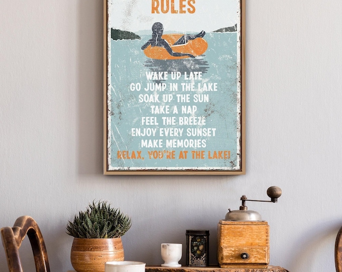 Rustic Lake Print, House Rules in Seafoam Blue with Swimmer and Inner Tube