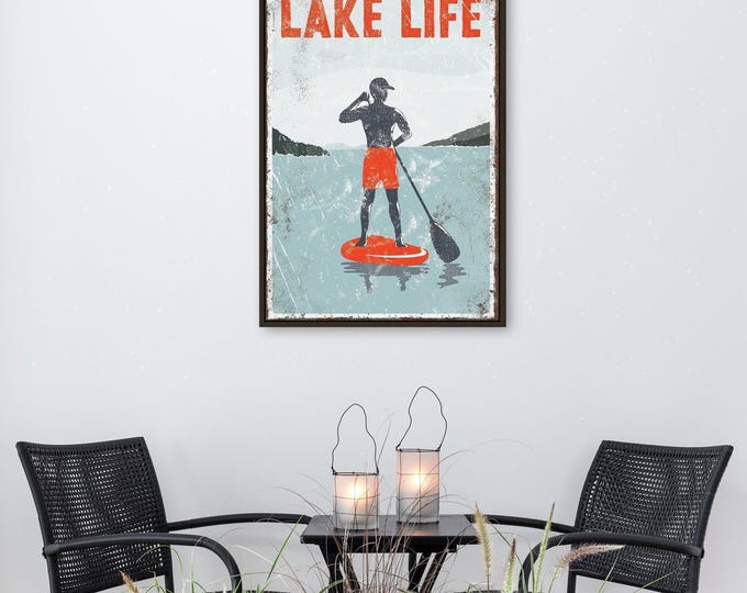 Lake Mantel Art, Vintage Paddleboarding Scene in Orange and Blue, Distressed Print