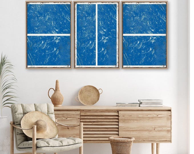 Pickleball Court Triptych, Modern Art In White On Royal Blue