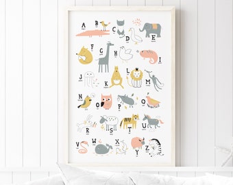 cute ALPHABET sign for kids nursery decor, colorful safari animal alphabet canvas, baby shower gift for zoo themed nursery, peach and gold