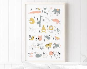 cute ALPHABET sign for kids nursery decor, colorful safari animal alphabet canvas, baby shower gift for zoo themed nursery, peach and gold