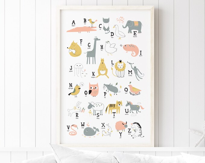 cute ALPHABET sign for kids nursery decor, colorful safari animal alphabet canvas, baby shower gift for zoo themed nursery, peach and gold