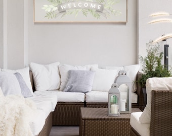 Welcome Sign Canvas: Floral Greenery - Rustic Wood Frame