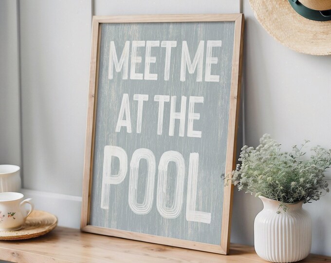 Meet Me at the Pool Sign - Weathered Gray Wood for Patio or Lanai