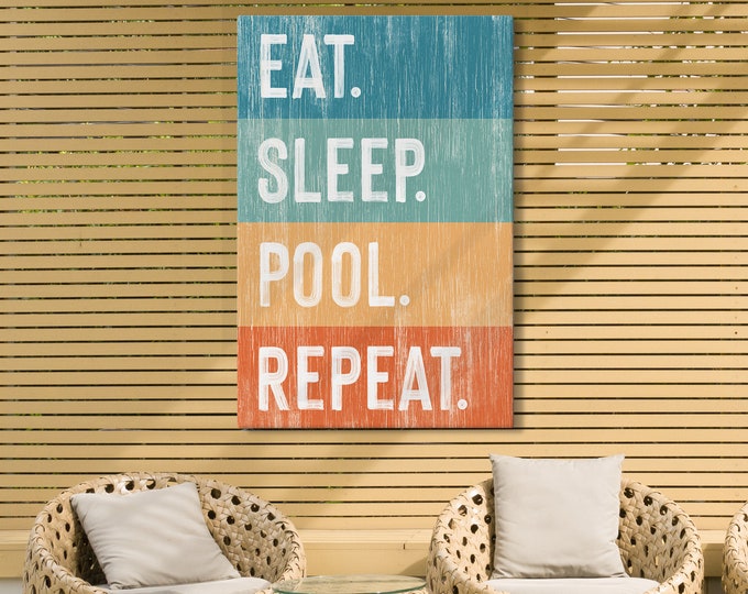 Eat Sleep Pool Repeat Sign, Retro Pool Canvas Prints, Vacation Rental Wall Art, Fun Outdoor Patio Art, Outdoor Lanai Decor, Retro Pool Signs
