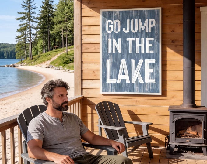 Blue Lake House Sign in Harbor Blue, Go Jump In The Lake Wall Art, Coastal Faux Wood Print