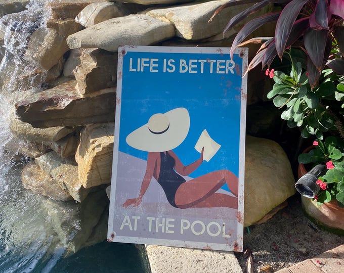 Vintage Life is Better at the Pool Sign, Retro Pool Poster Canvas, Waterproof Aluminum for Outdoors, Perfect Gift for Lanai or Pool Patio