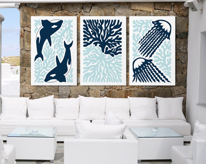 Jellyfish Print Set of Three, Navy Shark and Coral Triptych, Powder Blue Beach Art