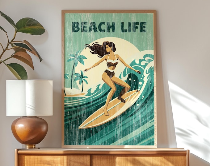 Beach Life Retro Surf Poster, Sage Green Woman Surfer Print, Vintage Coastal Wall Art