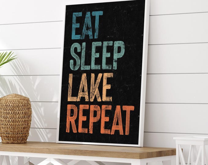 Retro Lake House Sign, Eat Sleep Lake Repeat (Canvas Wall Art)