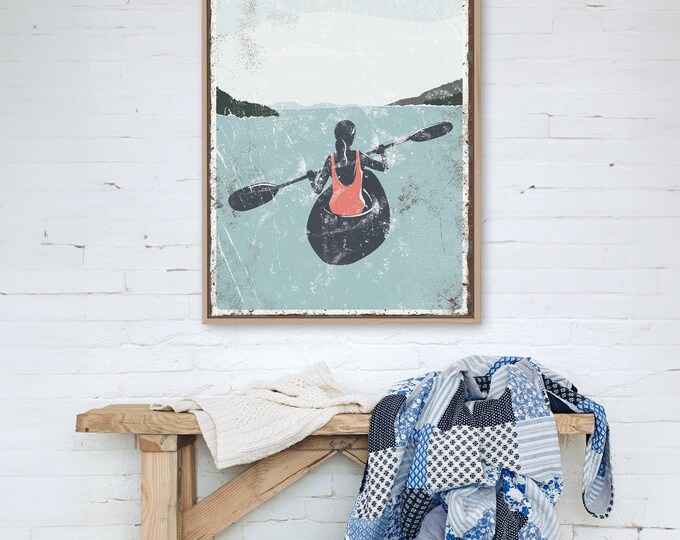 Earthy Lake Decor, Coral Kayaker Wall Art, Pale Blue Paddler Gift for Her