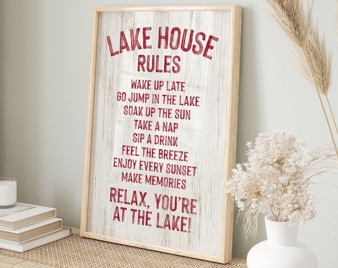Vintage Lake House Rules Sign: Red and White Rustic Wall Decor