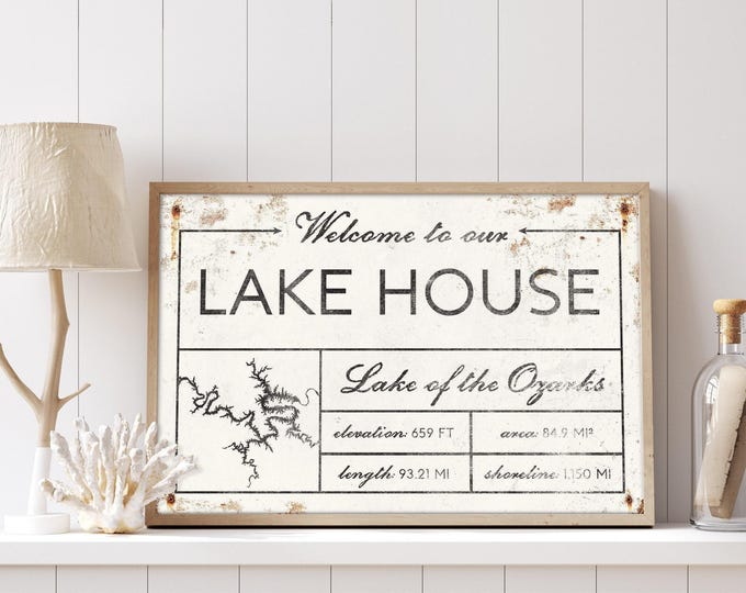 Welcome to our LAKE HOUSE sign, vintage Lake of the Ozarks canvas for above couch, extra large framed modern farmhouse decor wall art print