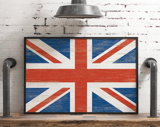 Vintage British Flag Poster, Distressed UK Wall Art, Farmhouse Print