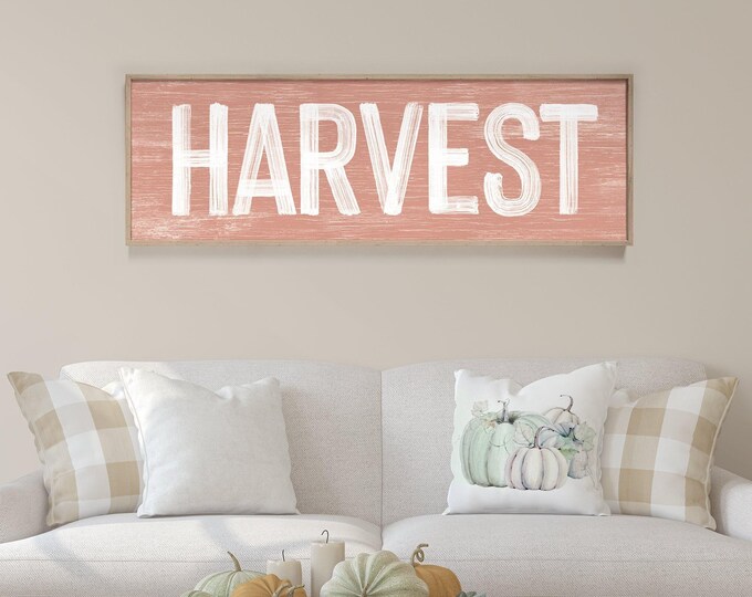 Harvest Sign in Coral Pink, faux weathered wood, seasonal wall art, harvest wall decorations, vintage farmhouse, long horizontal wall art