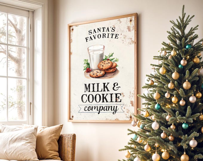 Santa's favorite cookies and milk sign, holly sprigs and chocolate chip plate