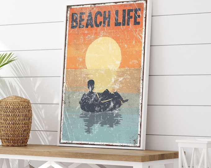 Pool Float Print, Retro Sunset Inner Tube Wall Art, Beach Life Poster for Lake House Decor