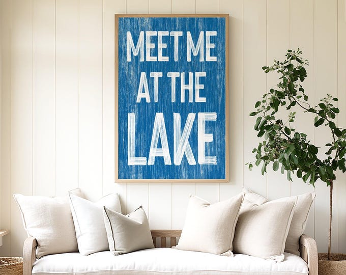 Meet Me at the Lake Sign, Ocean Blue, Vintage Lake Poster Printed on Canvas, Retro Lake House Decor, Lake Gift for Her