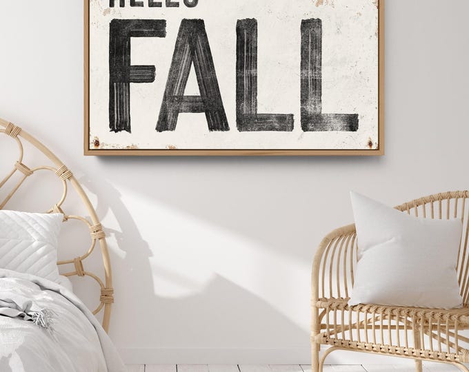 Farmhouse Fall, Harvest Decor, Autumn Sign, Rustic Seasonal Wall Art, White Hello Fall Plaque, Framed Autumn Decoration for Home