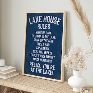 Vintage Lake House Rules Sign, Navy Blue Lake Canvas, Coastal Wall Art, Distressed Decor, Vacation Rental Gift, Rustic Maple Frame