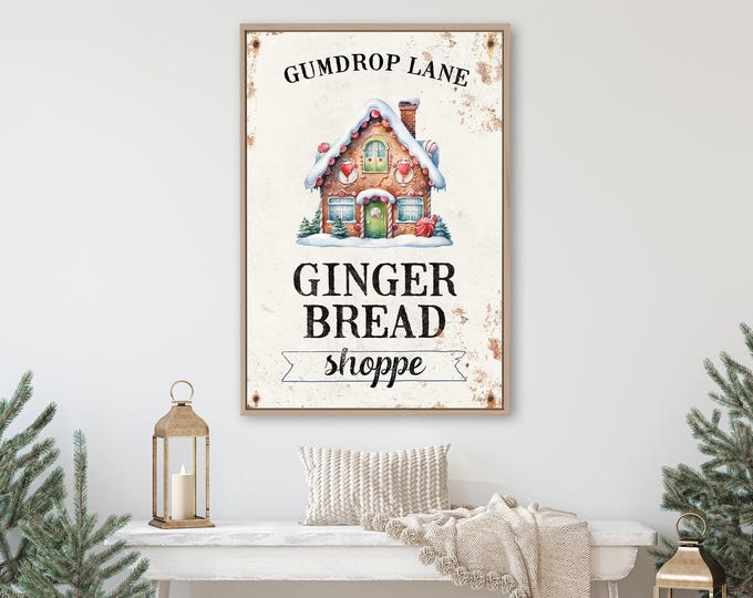 Retro Ginger Bread Shoppe Sign, Antique Gingerbread House Christmas Art, Gift for Baker, Lightweight Canvas Wall Art or Waterproof Aluminum