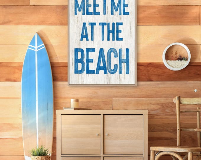 Vintage Wall Hanging, Meet Me at the Beach Sign, Ocean Blue Coastal White Decor