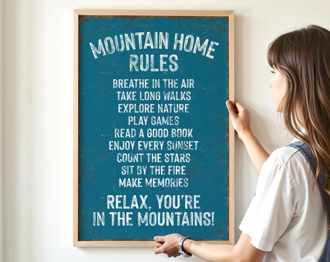 Cabin Wall Art: Mountain Rules Sign - Rustic Ski Lodge Decor, London Blue