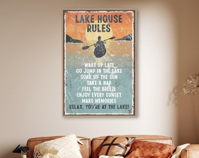 Lake House Rules Sign, Vintage Sunset Lake Canvas Print