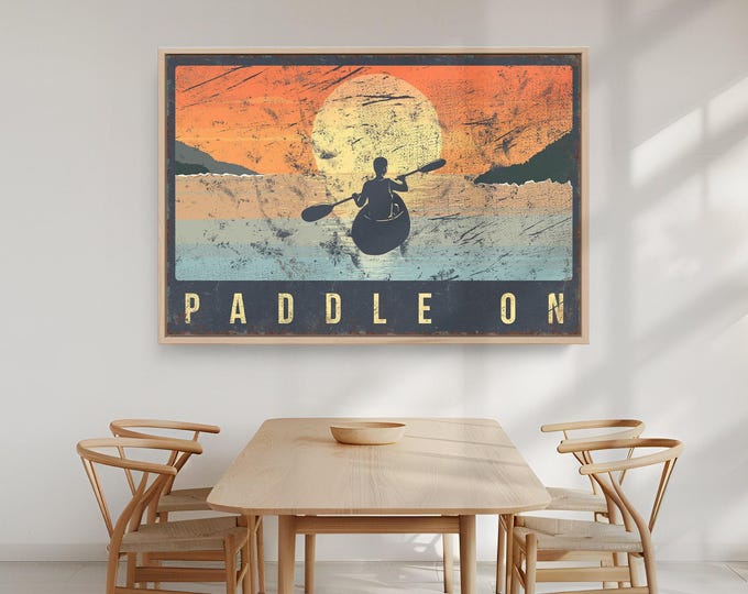 Gift For Kayaker, Vintage Lake Decor, Sunset Lake Art, Paddle Canvas Prints, Rustic Horizontal Wall Sign, Man Kayaking At Dusk Scene