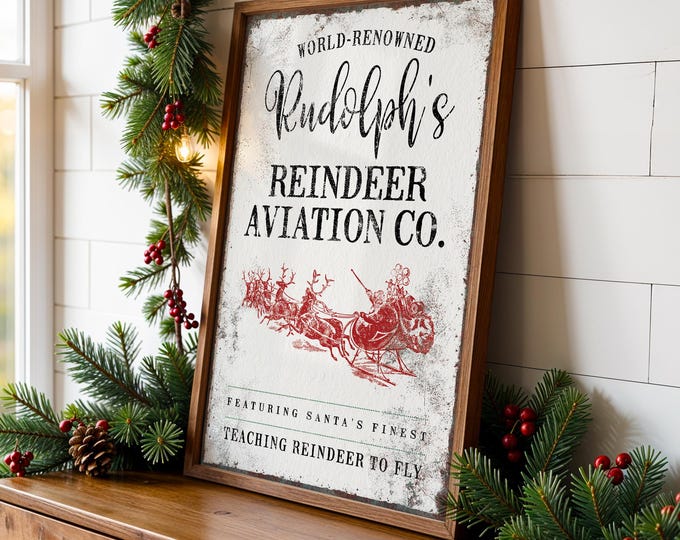 Reindeer Art with Santa's Sleigh in Barn Red and Charcoal