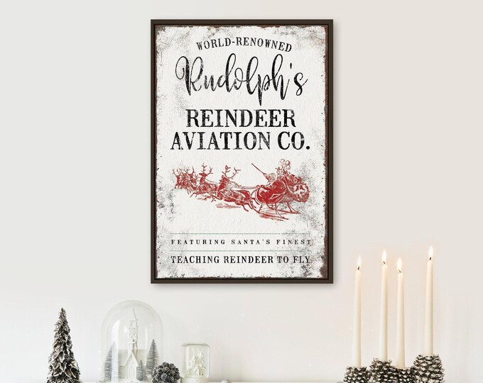Rudolph Reindeer, Aviation Co Sign Teaching Reindeer to Fly in Barn Red on Worn Cream