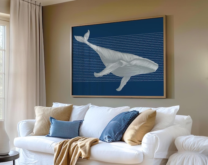 Abstract Whale Wall Art, Navy Blue Beach House Decor, Whale Gift