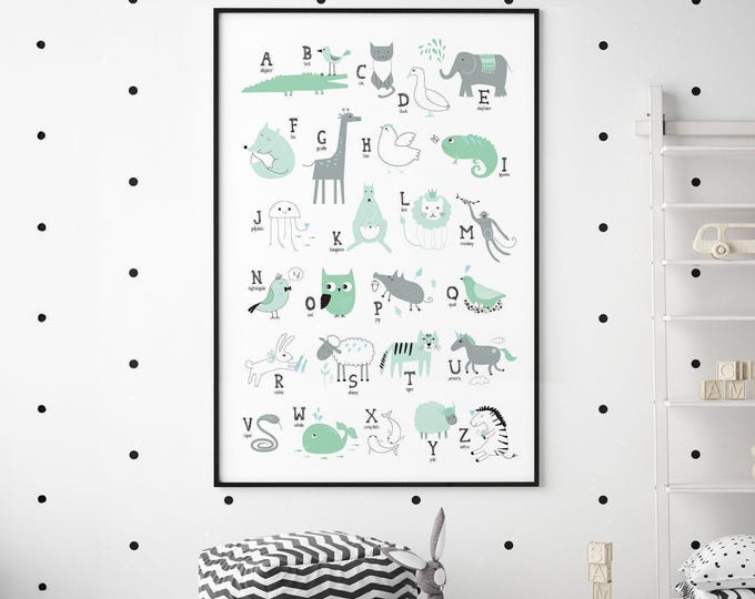 Animal Alphabet Wall Art Decor, A to Z Zoo Animals, Mint Green and Grey Nursery Print