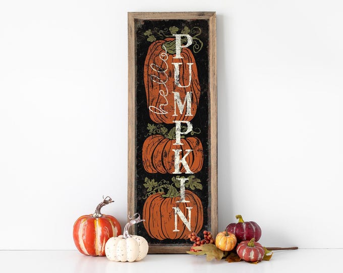Tall Hello Pumpkin Fall Porch Sign, Outdoor Metal Available, Sign with 3 Pumpkins, Rustic Autumn Decor, Large Fall Patio Signs, 13, Black