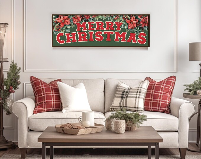 Vintage Poinsettia Holiday Sign, Large Christmas Mantle Decor, CHRISTMAS Decor Home Decor, Holiday Hosting Decor, Gift for Mom, Dark Green