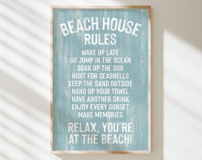Beach House Rules Sign, Light Blue Coastal Wall Art, Vintage Seaside Decor