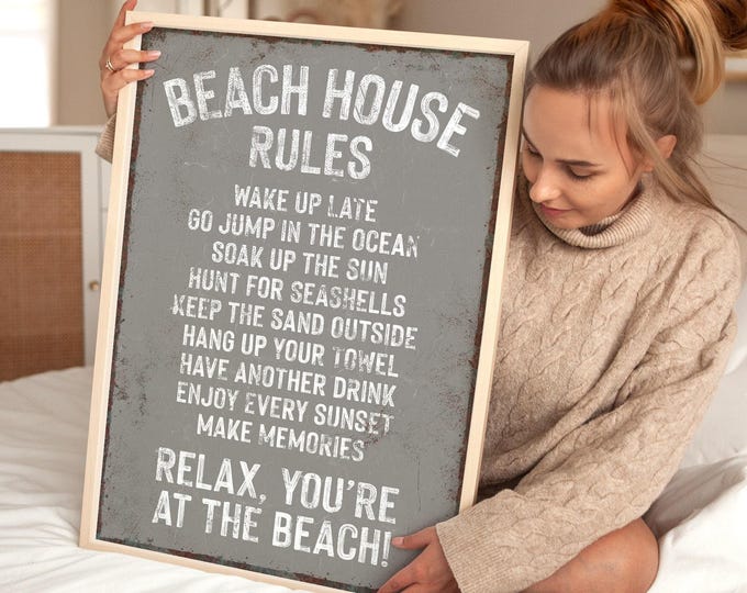 Beach Sign Vintage Style, Elephant Gray House Rules Print, Rustic Coastal Wall Art