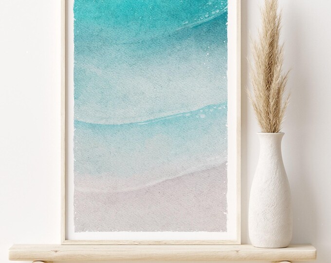 Coastal Waves Wall Art, Minimalist Aerial Shoreline Watercolor, Oversized Beach House Canvas